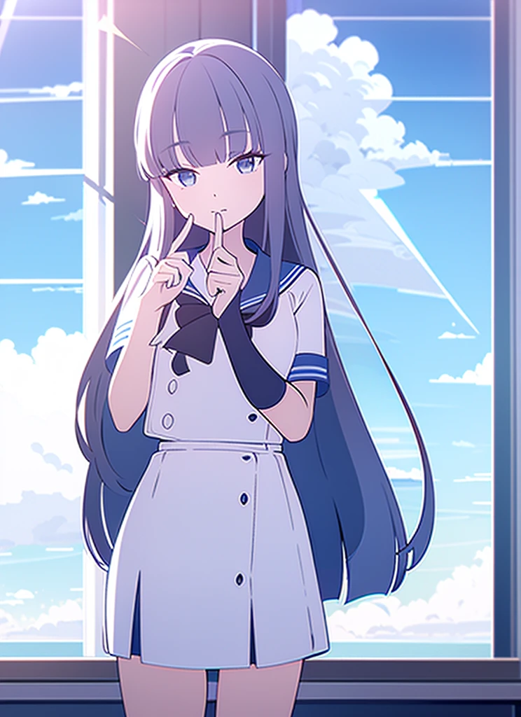 1girl, classroom, Sailor suit, short sleeve, Cumulonimbus, blue sky, buzzer, Window, long hair, blunt bangs, masterpiece, from front, cowboy hat , ((no hat:1.3)), put index finger on mouth, standing