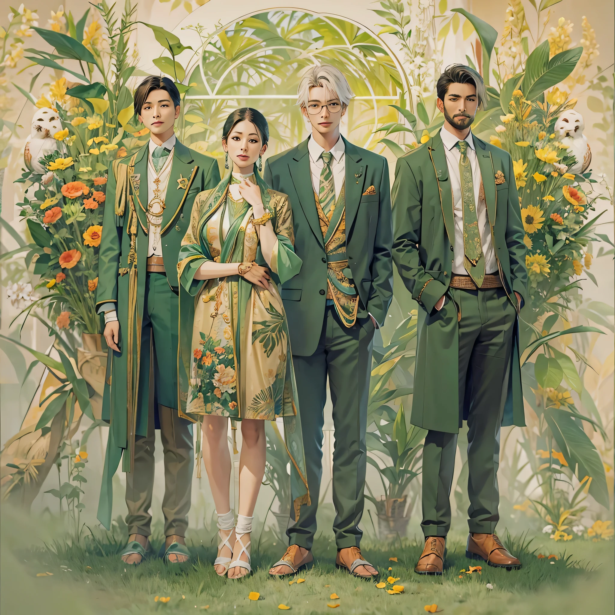Create an image divided into four sections with a green theme: a lively Campaigner male, a serene Mediator female, a confident Protagonist male, and a wise Advocate male, each in distinctive poses against a unified backdrop with shades of green, incorporating delicate and mystical elements to enhance the overall visual appeal.