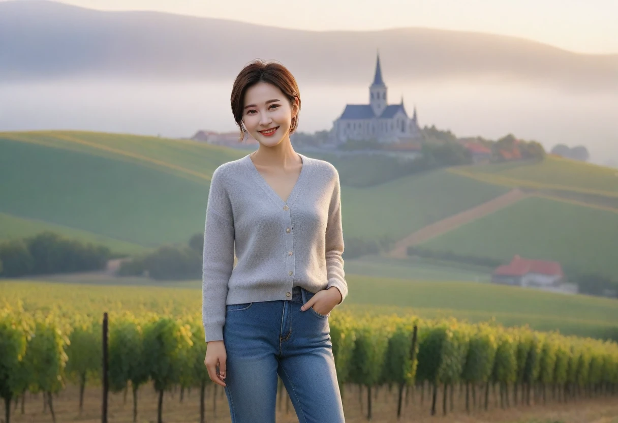 8k best picture quality, Beautiful 36-year-old Korean woman, Chest size 34 inches, Dawn in the French countryside in early autumn, View of the cathedral next to the vineyards, The back background is realistic and vivid quality., short medium hair, shirts and cardigans, Wear casual pants, Smile slightly. the background is clear, look up to the side., Looking at vineyards covered in thick fog from a hill