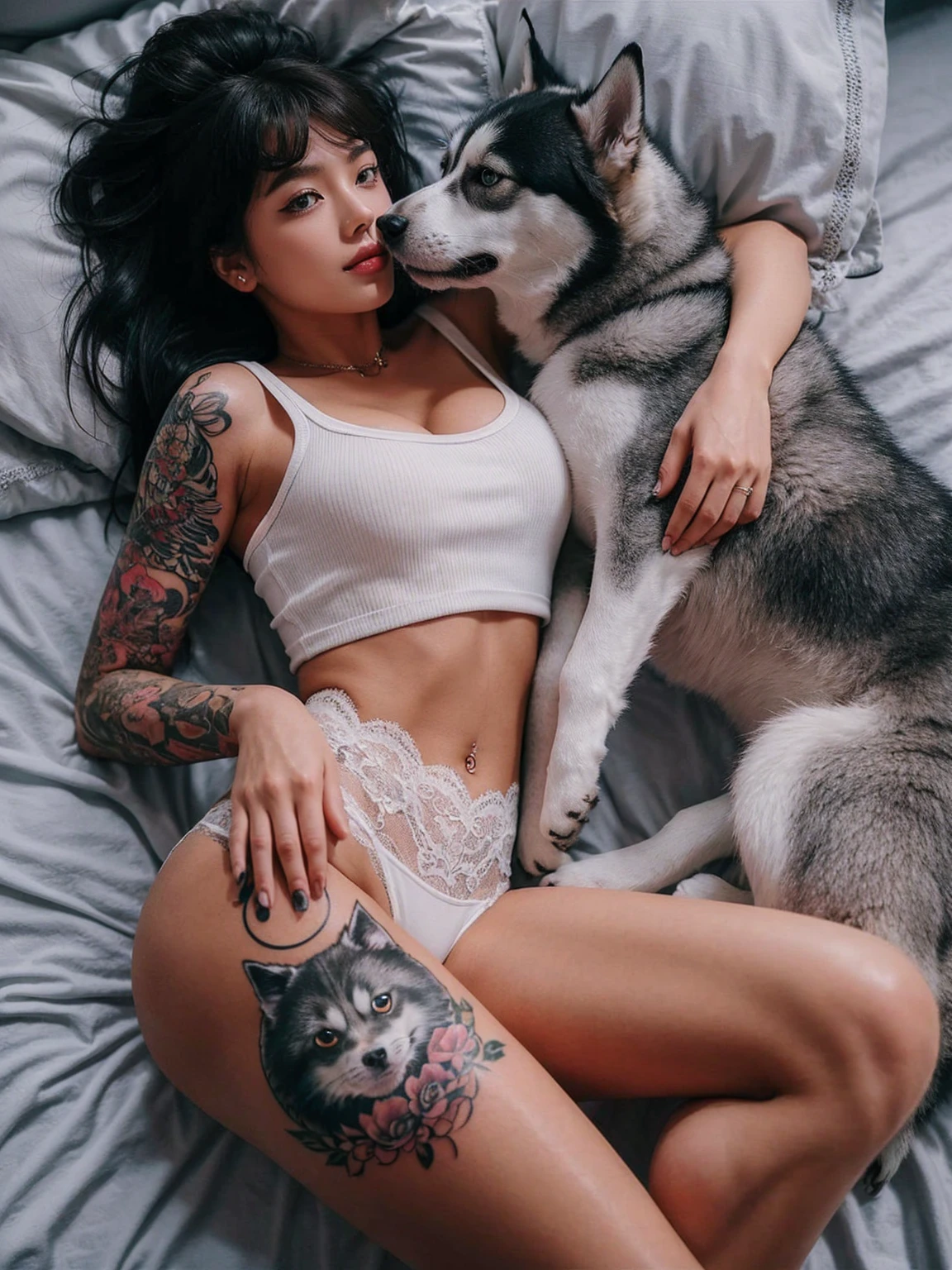 A beautiful white skin korean woman is lying on a bed, facing fowards with her left side lying a husky dog. She has long dark hair and multiple colorful tattoos on her left arm and right thigh. The tattoos on her arm include various designs and characters, while the one on her thigh depicts a stylized cat with large eyes and a crescent moon on its forehead. She is wearing a beige, ribbed tank top with deep v cuts showing her bare larged-size chest and white lace panties. The setting is a cozy bedroom with light-colored bedding and pillows. The atmosphere is intimate and relaxed.