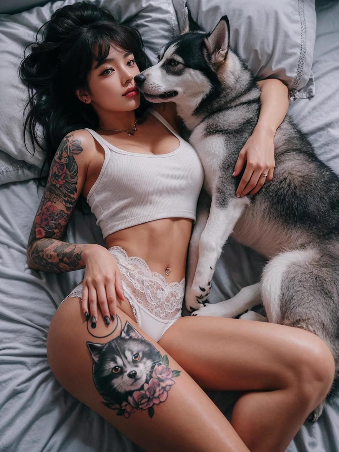 A beautiful white skin korean woman is lying on a bed, facing fowards with her left side lying a husky dog. She has long dark hair and multiple colorful tattoos on her left arm and right thigh. The tattoos on her arm include various designs and characters, while the one on her thigh depicts a stylized cat with large eyes and a crescent moon on its forehead. She is wearing a beige, ribbed tank top with deep v cuts showing her bare larged-size chest and white lace panties. The setting is a cozy bedroom with light-colored bedding and pillows. The atmosphere is intimate and relaxed.