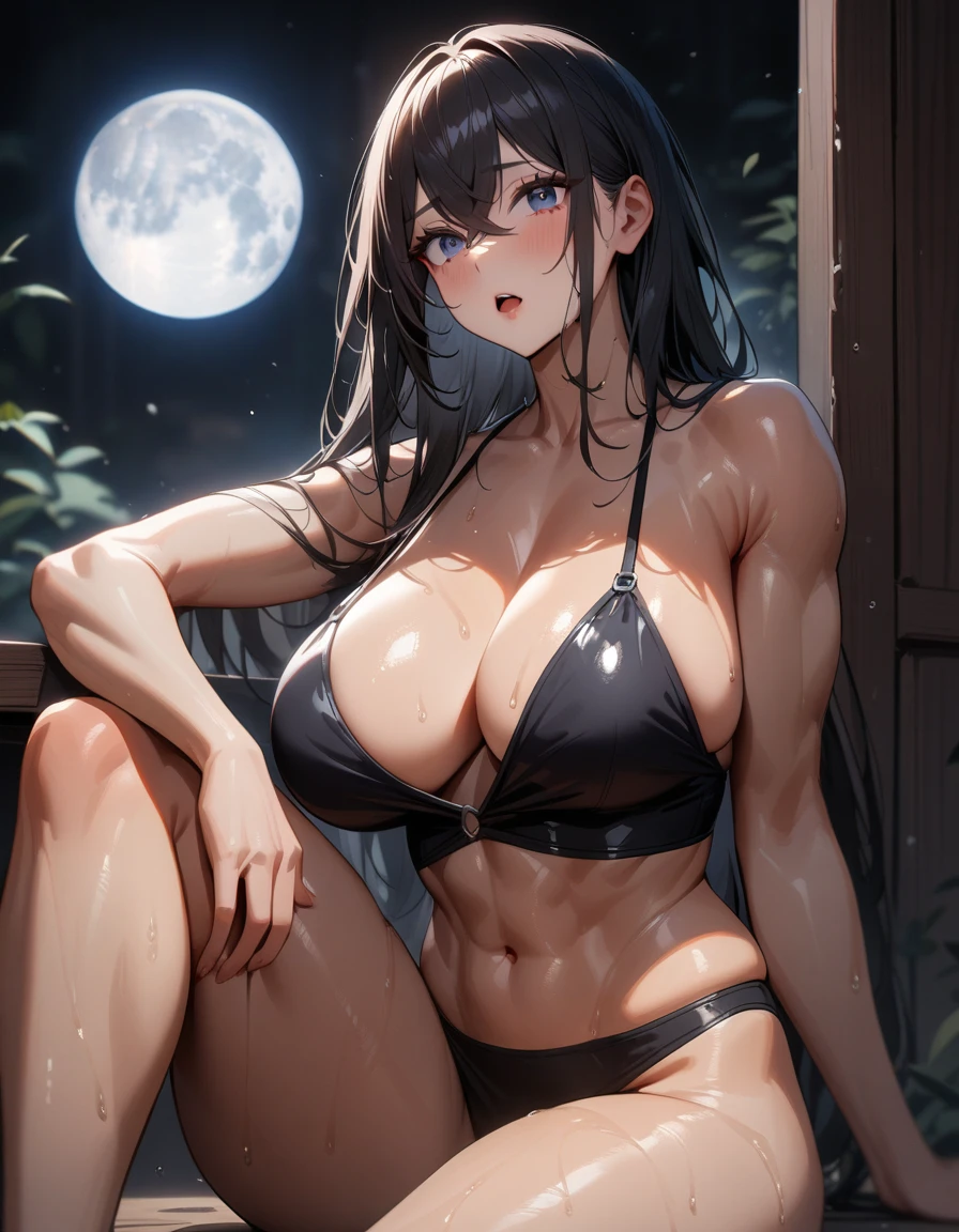 1girls,solo,super detailed skin,shiny skin,wet oily skin,natural face, deep detailed eyes,eyelashes,lips gloss,open mouth,black hair,long hair,crossed bangs,large breasts,(abs:0.5),sitting,knee up,arm on knee,wide shot,moon,masterpiece,best quality,ultra detailed,high resolution,sharp focus,depth of field