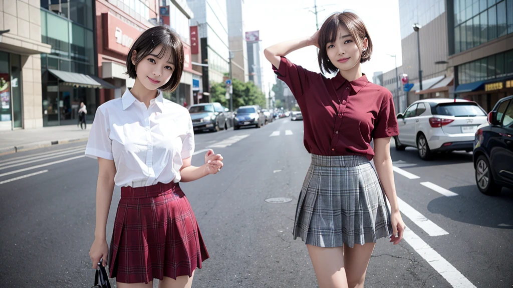 (Highest quality、8k、32K、masterpiece、Hmph:1.2)、(short hair)Cute Japanese Women Photos、(smile、blush:1.1)、Looking at the audience、(Skirts with beautiful details:1.2)、((Knee-length dark red check skirt))、Leg Details、(Huge breasts:1.3)、(Wind力上昇:1.4)、Whole Body Ezbian、Wind、city、outside of home、(holding the skirt in your hands:1.3)