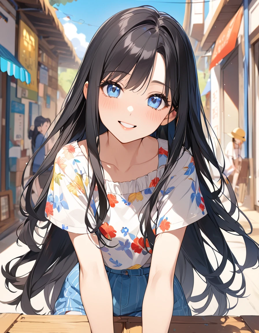 (Top quality illustrations:1.2), (pretty girl:1.1), (1 girl、17 years old、), (Kind eyes、blue eyes)、Black Hair、Semi-long hair、Summer fashion、smile