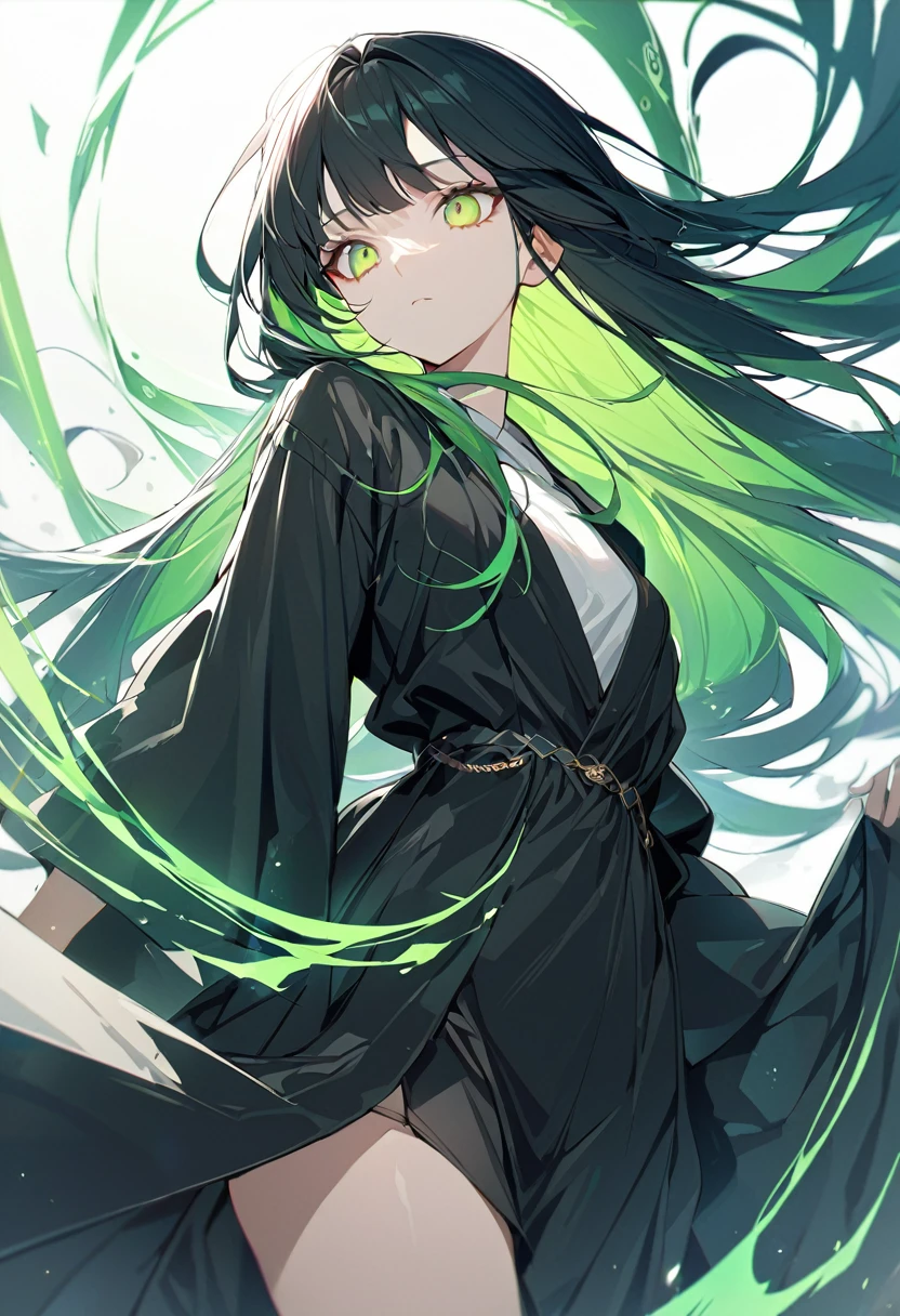 One girl, best quality, masterpiece, expressionless, beautiful girl, big eyes, hime cut, long hair, yellow-green eyes, black robe, wind magic, white background