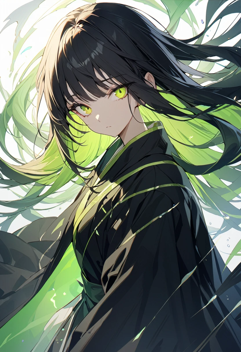 One girl, best quality, masterpiece, expressionless, beautiful girl, big eyes, hime cut, long hair, yellow-green eyes, black robe, wind magic, white background