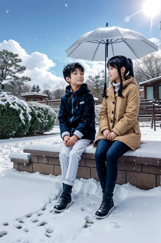 Anime character 2 girl and boy sitting on heel with umbrella and looking in sky with snowfall their in middle of garden hill and nature shining 