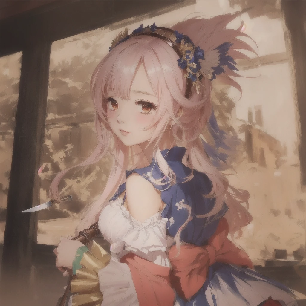 Anime girl in a dress with a big headpiece and holding a big knife, Gwaiz on pixiv artstation, Gwaiz, Gwaiz on artstation pixiv, Cute anime waifu in a nice dress, artwork in the style of Gwaiz, Anime Style 4k, Anime Art Wallpapers 8K, Enchanting anime girl, Beautiful Anime Girls