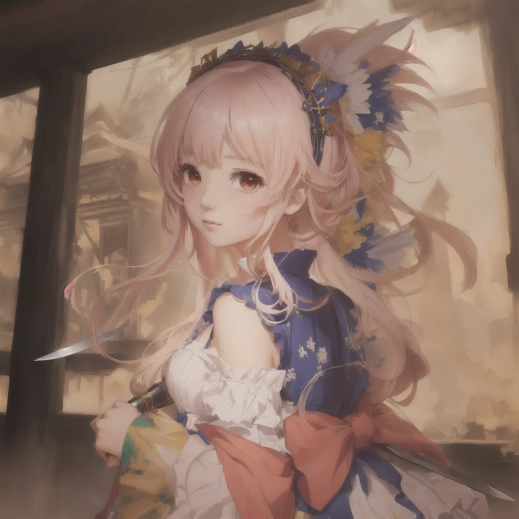 Anime girl in a dress with a big headpiece and holding a big knife, Gwaiz on pixiv artstation, Gwaiz, Gwaiz on artstation pixiv, Cute anime waifu in a nice dress, artwork in the style of Gwaiz, Anime Style 4k, Anime Art Wallpapers 8K, Enchanting anime girl, Beautiful Anime Girls