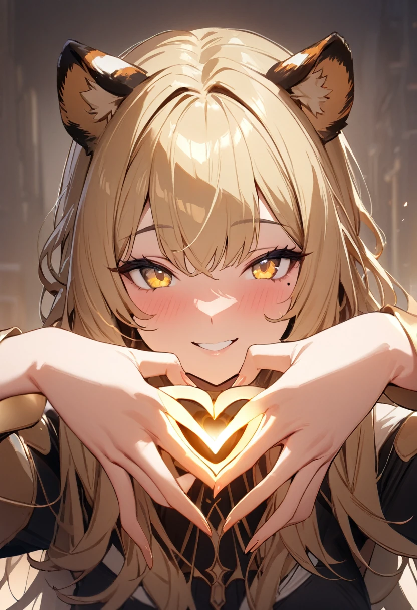 1girl、(((best quality)), ((masterpiece)), (details), masterpiece, best quality, high quality, ulutra detailed, perfect face, ((1girl, blond eyes, tiger ears: 1.3 blond long hair: 2.5,Mole under left eye:2.0))、Shiny Hair、Glowing Skin、Lustful look、smile、Making a heart symbol with hands、