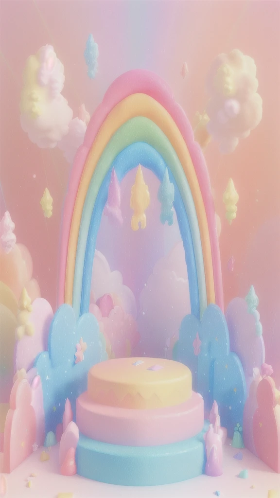 Close-up of stage with rainbow and clouds, Pastel colorful 3D, Rainbow Background, pastel rainbow, 3 d stylize scene, Pastel Rainbow, Volumetric Rainbow Lighting, Stage Background, 3D Scene, Cinema 4d colorful rendering, 3D scenes, Soft background, Rainbow Background, Cute 3d rendering, High-quality rendering, Octane presents a rainbow