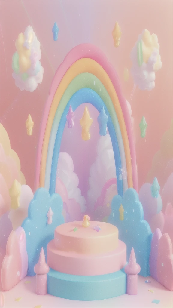 Close-up of stage with rainbow and clouds, Pastel colorful 3D, Rainbow Background, pastel rainbow, 3 d stylize scene, Pastel Rainbow, Volumetric Rainbow Lighting, Stage Background, 3D Scene, Cinema 4d colorful rendering, 3D scenes, Soft background, Rainbow Background, Cute 3d rendering, High-quality rendering, Octane presents a rainbow