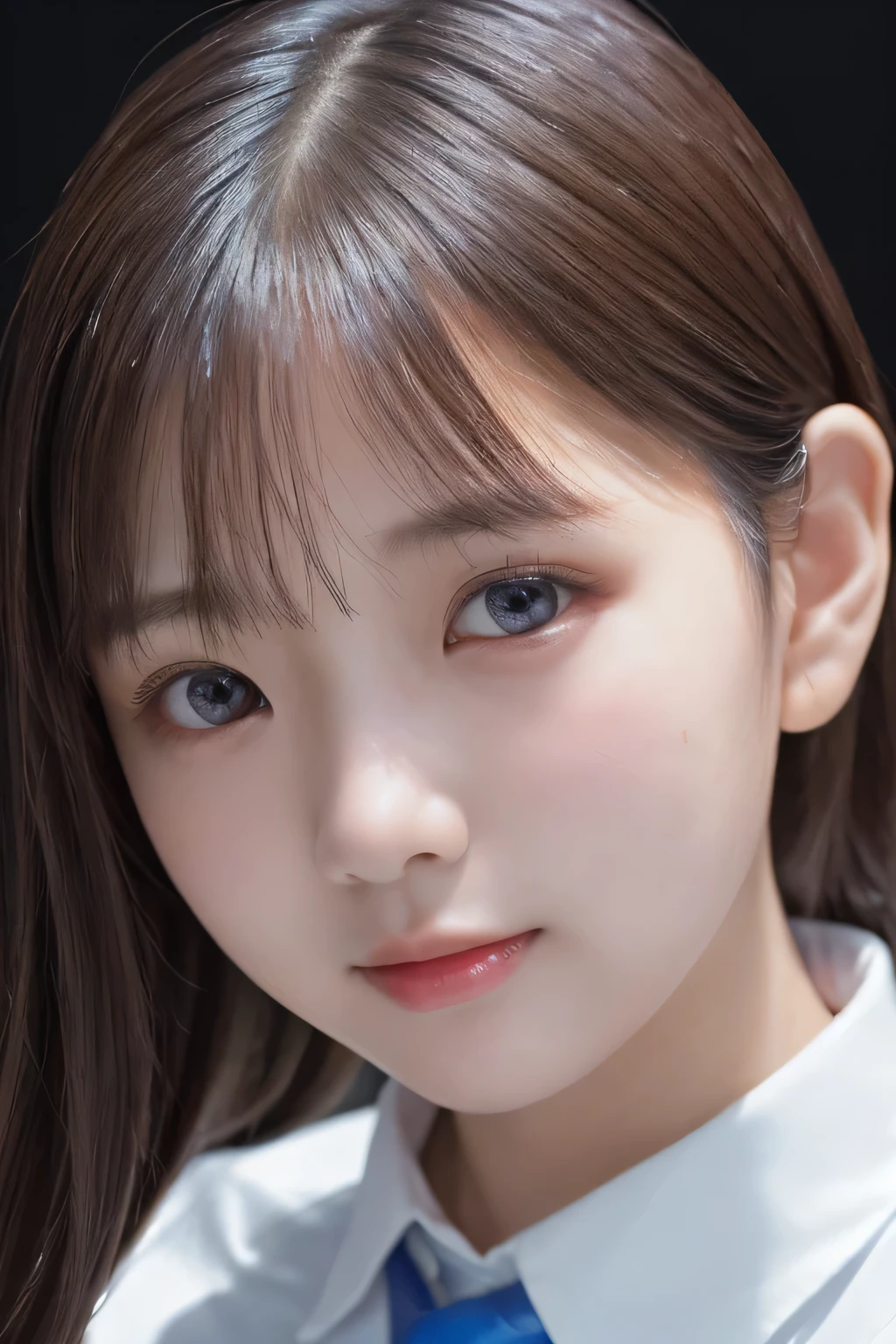 (8k、masterpiece, Highest quality, High resolution,Super Resolution,Very detailed)、1 Girl、(************)、Round face、slim、(Flat Body:1.45)、cute、 (Close up face shot:1.23)、White shirt with blue tie、Fantasy、Gazing at Something Off-Frame、(Chiaroscuro:1.3)、