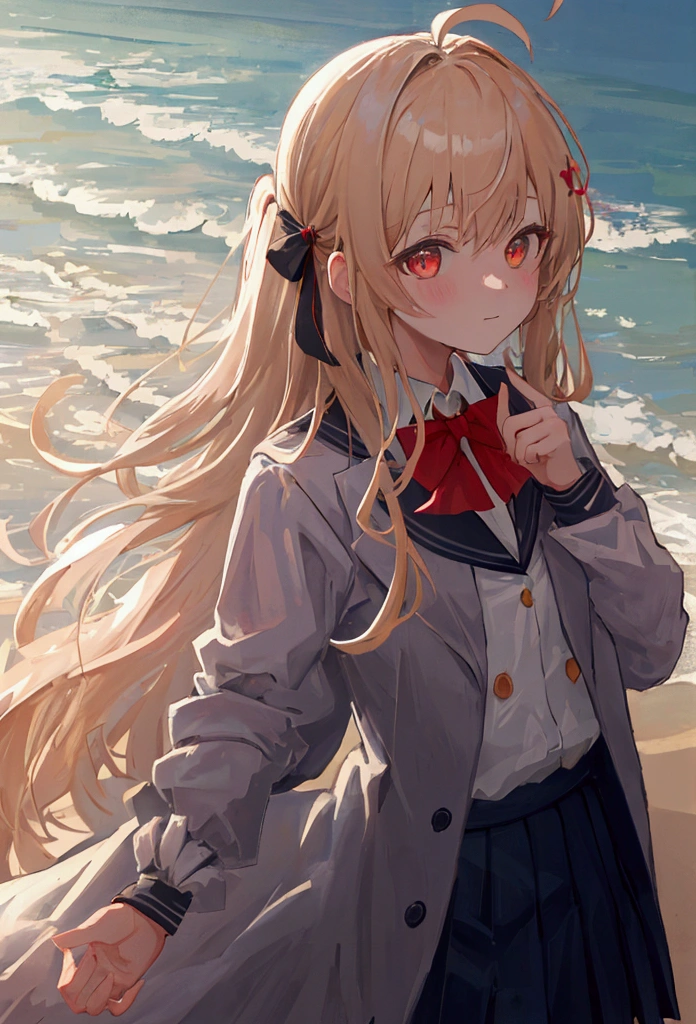 masterpiece, best quality, ultra-detailed, illustration, close-up, straight on, face focus, 1girl, ijichi_nijika, solo, blonde_hair, shirt, white_shirt, red_eyes, side_ponytail, bow, collared_shirt, red_bow, smile, bangs, outdoors, upper_body, sidelocks, closed_mouth, bowtie, short_sleeves, looking_at_viewer, long_hair, sky, hand_on_own_chin, blush, red_bowtie, ahoge, school_uniform, day, ocean, blue_sky, beach, cloud, 《(Schneider pastel ink, glaze overcoat, Pale blurred outline, creation of light and shadow): 1.4, rich colors, expressive technique, 》natural light shining through, moody atmosphere, dark shadows,The tones are also visibly luminous