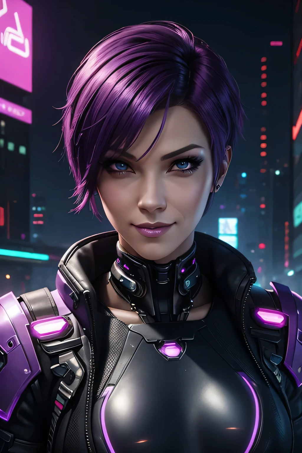 A beautiful woman with short purple hair, a mischievous look, a mocking smile, sexy, cyberpunk theme, cyber implants, epic fantasy digital drawing style, realistic, anime, cartoon, dynamic lights, very detailed, 2D style