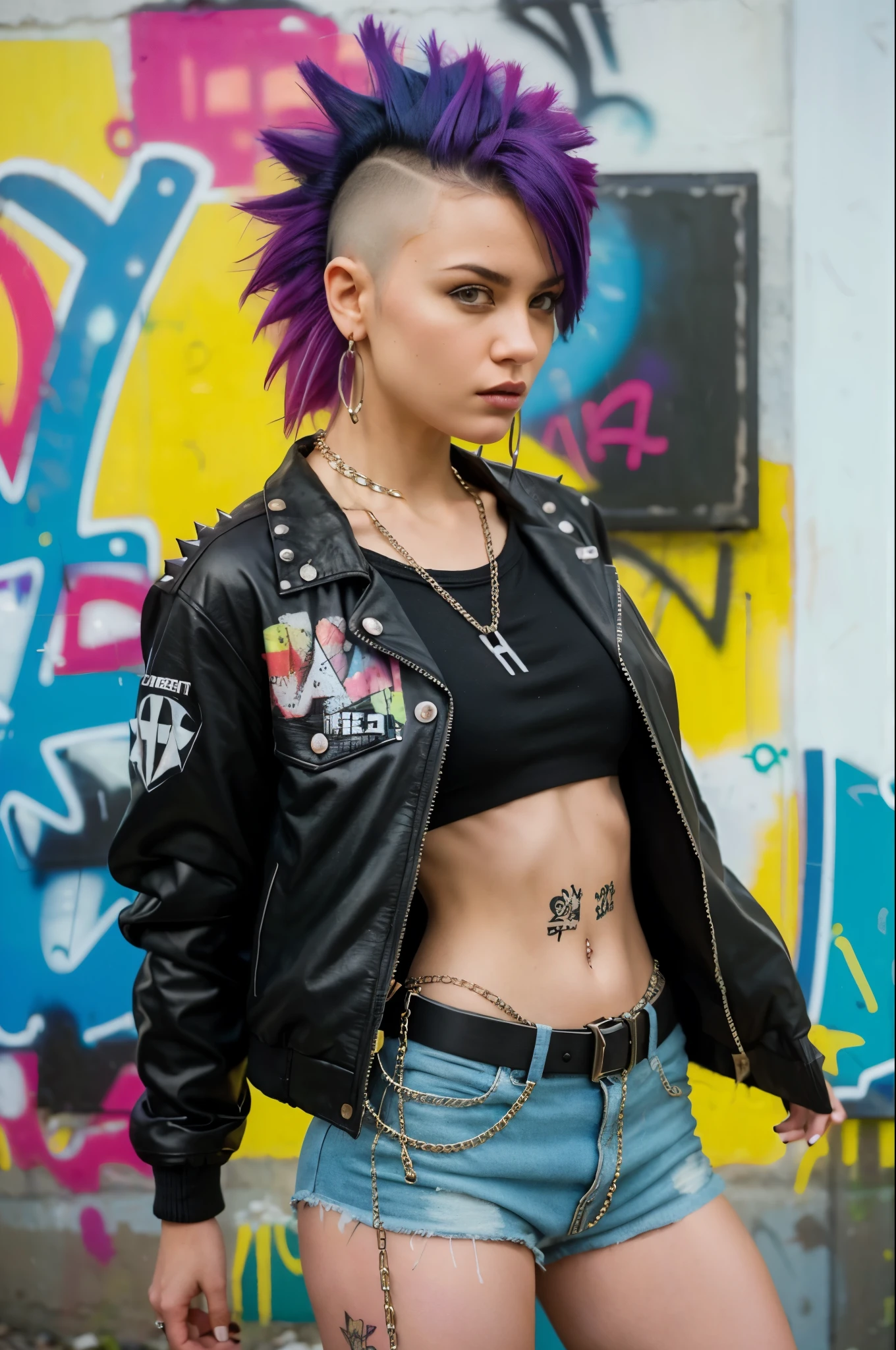 (work of art, best qualityer:1.2), 1 girl ,intrincately detailed, "Punk Girl", in dynamic pose, ((spike mohawk hair, punk hair, wearing a black jacket, chains, Rocket style, tattooed , (((hot Body))) , abs)) . Shallow depth of field, vignette, highy detailed, high budget, bokeh, cinemascope, temperamental, epic, marvelous, film grain, grainy. ((Abandoned grafitti wall background)).