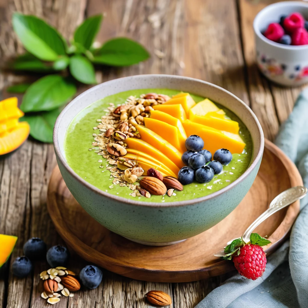 bowl of matcha mango smoothie with fresh berries, nuts and oat granola for healthy breakfast ,rustic wooden background