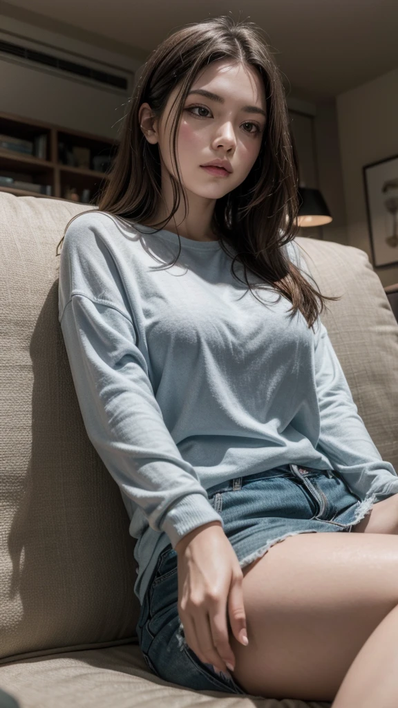 Create a woman in the living room sitting on the couch watching a movie