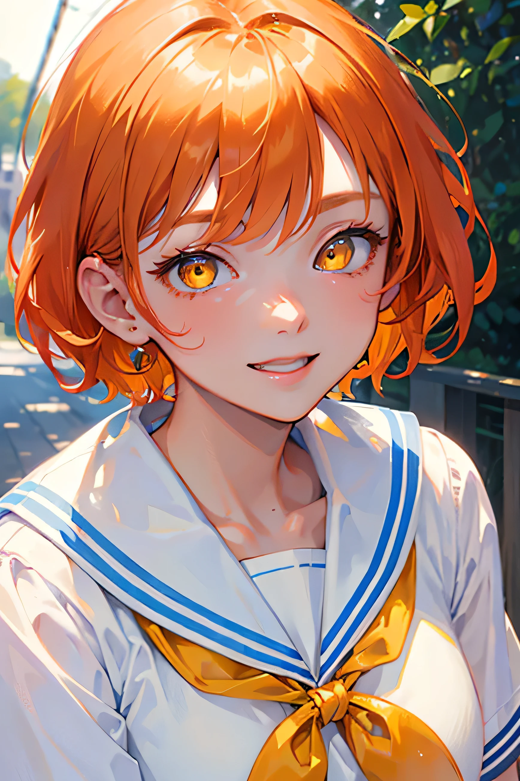 masterpiece, Highest quality, so beautiful、up to date、Orange Hair, short hair, ((Glowing yellow eyes))、Cool Laugh、Adult woman wearing a sailor suit summer uniform、Face close-up、bullish expression、mature and cool