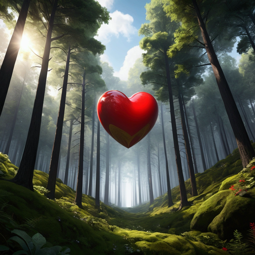 "Visualize an interpretation of a red heart , floating through the sky above a living and dynamic forest. Integrate bold colors in black and white and sharp angles, to convey a feeling of movement and tension. Play with perspective and layering, to create a multidimensional composition, which questions traditional notions of space and form. Be inspired by the avant-garde spirit and see nature in a fresh and innovative light.. Unleash your creativity, as you bring this imaginative scene to life on the screen."