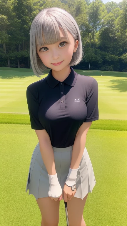 Golf Costumes、Polo shirt、Tight mini skirt with slit、Knee-high socks、Golf course、On the green、1 girl、Bob Hair、Silver Hair、Medium breast、Masterpiece 1.3、Raw photo、Highest quality、Detailed Background、Holding a putter club、