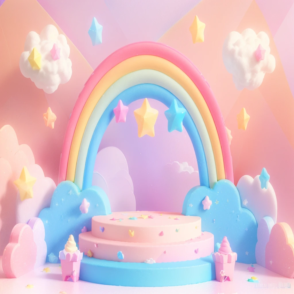 Close-up of stage with rainbow and clouds, Pastel colorful 3D, Rainbow Background, pastel rainbow, 3 d stylize scene, Pastel Rainbow, Volumetric Rainbow Lighting, Stage Background, 3D Scene, Cinema 4d colorful rendering, 3D scenes, Soft background, Rainbow Background, Cute 3d rendering, High-quality rendering, Octane presents a rainbow