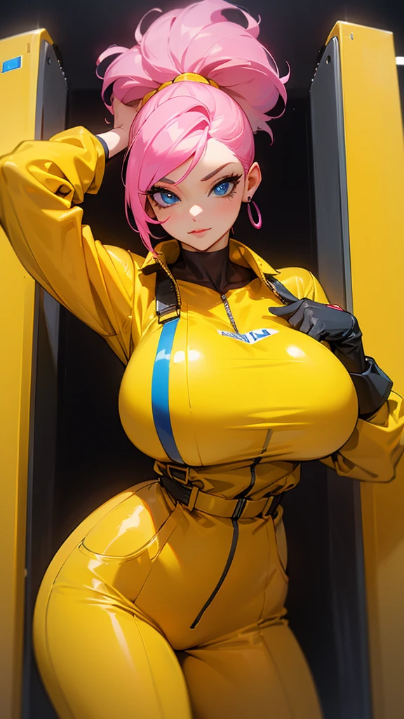 a mature woman , pose de heroi, big pink hair, blue bright eyes, wearing a mustard yellow jumpsuit. pose de heroi, big breasts35 years old, electronic wall preta, electronic wall