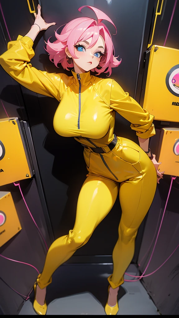 a mature woman , pose de heroi, big pink hair, blue bright eyes, wearing a mustard yellow jumpsuit. pose de heroi, big breasts35 years old, electronic wall preta, electronic wall