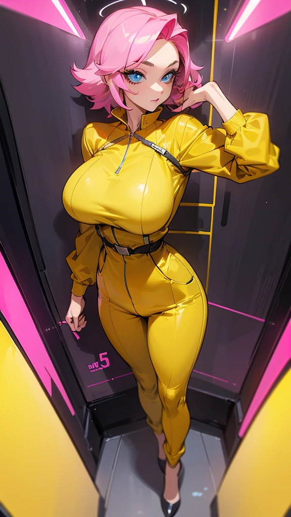 a mature woman , pose de heroi, big pink hair, blue bright eyes, wearing a mustard yellow jumpsuit. pose de heroi, big breasts35 years old, electronic wall preta, electronic wall