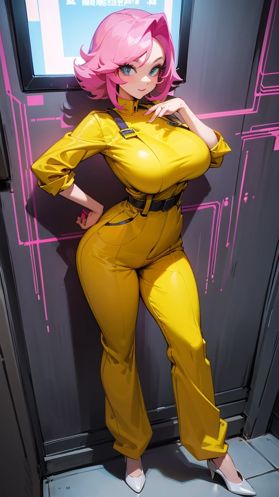 a mature woman , pose de heroi, big pink hair, blue bright eyes, wearing a mustard yellow jumpsuit. pose de heroi, big breasts35 years old, electronic wall preta, electronic wall