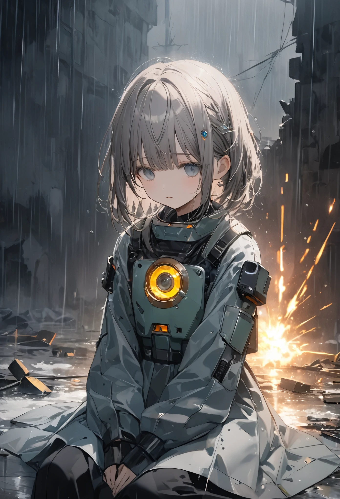 Best Artist,アニメ,(8k, Highest quality)、Ultra-high resolution、Adorable、Highest quality, beautiful, Absurd beauty、masterpiece、Best image quality、Rainy old background,Broken Android,A sad and poignant work,Grey World,An android girl who still believes despite being abandoned by humans,Arc flash,Sit down