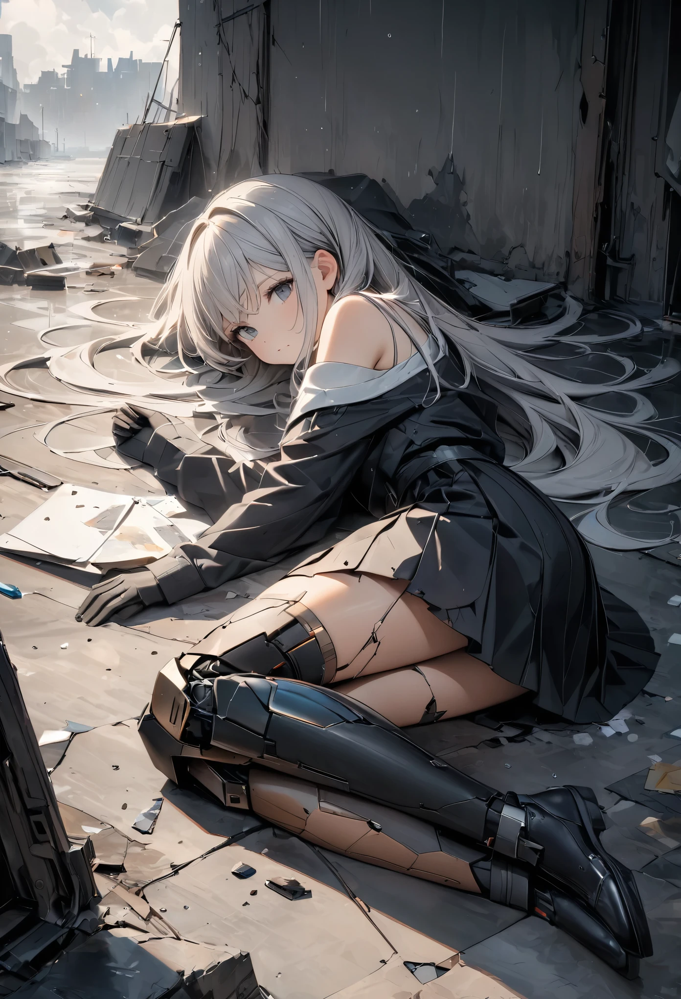 Best Artist,アニメ,(8k, Highest quality)、Ultra-high resolution、Adorable、Highest quality, beautiful, Absurd beauty、masterpiece、Best image quality、Rainy old background,Broken Android,A sad and poignant work,Grey World,An android girl who still believes despite being abandoned by humans,My body is discharging electricity,Lying down and unable to move,Oil spreading on the ground