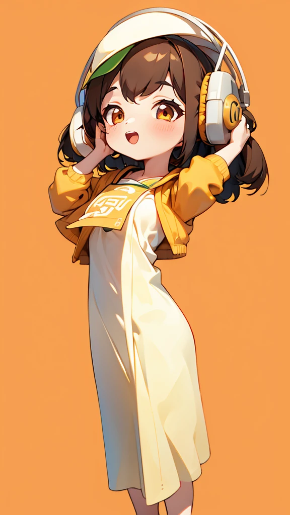 One girl, Brown Hair, Medium Hair, Bob Hair, Textured skin, chest, Open your mouth, Bright Eyes, happiness/joy, chest囲図, Simple Background, Headphones worn behind the head, Anime Style,