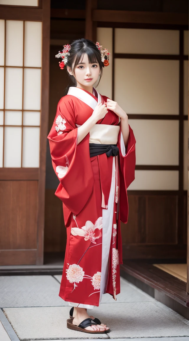 beautifully、Cute Girls、About 26 years old、Japanese clothing、hair ornaments、Red kimono、Full body portrait、Hair tied up、