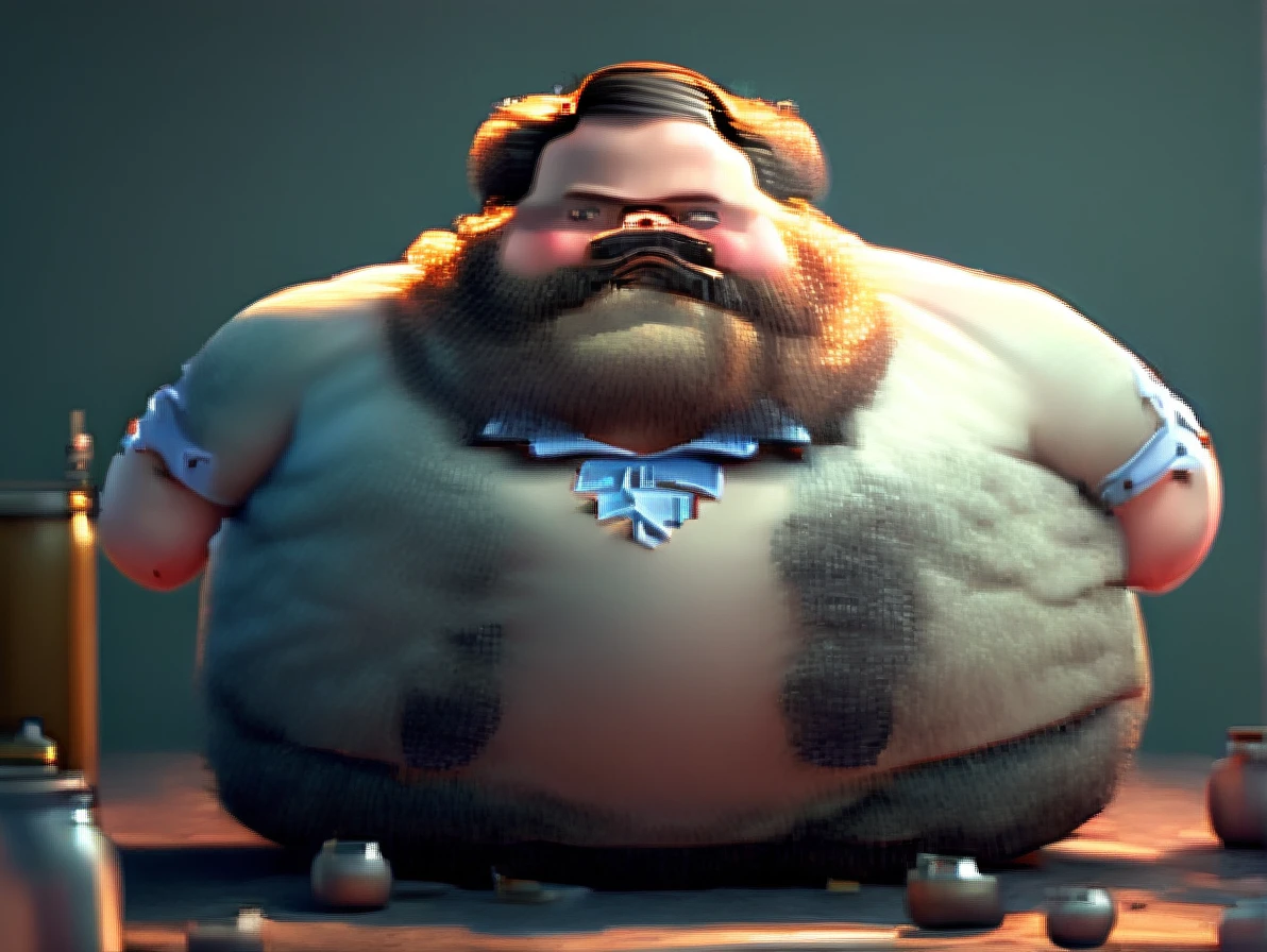 Advertising poster style, A lascivious fat man with short, messy hair, Wearing glasses and shirt with bow tie, Blushing Nose, half-closed eyes, gaping mouth, Lying on the table, opening the legs, in a dark room, naturallight, Vista frontal do Adobe Light, standing alone, sfw Professional, moderno, Product focus, Commercial, appealing, highy detailed