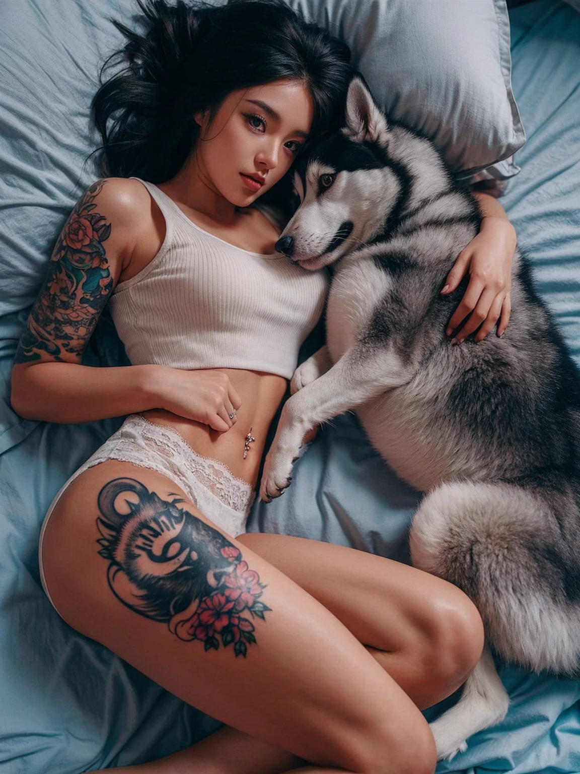 A beautiful white skin korean woman is lying on a bed, facing fowards with her left side lying a husky dog. She has long dark hair and multiple colorful tattoos on her left arm and right thigh. The tattoos on her arm include various designs and characters, while the one on her thigh depicts a stylized cat with large eyes and a crescent moon on its forehead. She is wearing a beige, ribbed tank top with deep v cuts showing her bare larged-size chest and white lace panties. The setting is a cozy bedroom with light-colored bedding and pillows. The atmosphere is intimate and relaxed.
