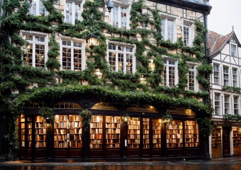 An ultra-realistic scene of a small, two-story, old and charming bookstore in a historic European town. The bookstore is the focal point, with its exterior walls covered in ivy. The setting is during a rainy evening at dusk, with the sky overcast and the streets wet and reflective. On the right side of the bookstore, a single streetlamp with a yellow light is glowing softly. On the left corner, a tree as tall as the bookstore adds to the scene. The cobblestone streets and surrounding buildings exhibit classic European architecture, enhancing the historic atmosphere. The overall mood is moody and enchanting, with a sense of history and mystery. No humans are present in the scene.