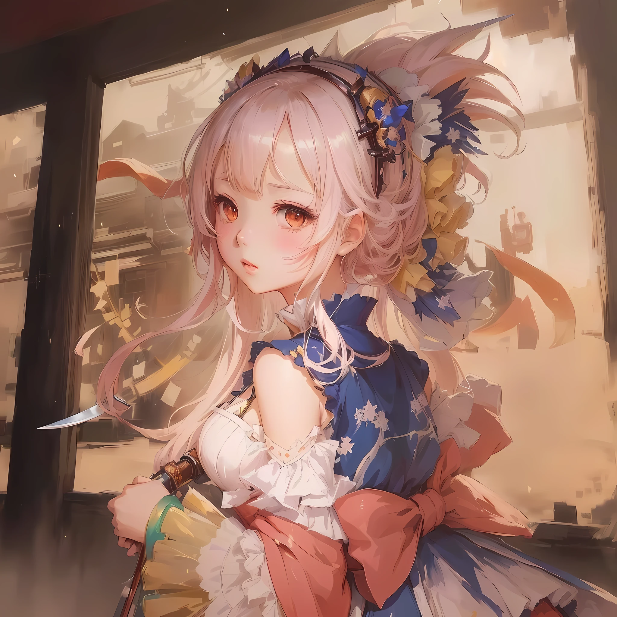 Anime girl in a dress with a big headpiece and holding a big knife, Gwaiz on pixiv artstation, Gwaiz, Gwaiz on artstation pixiv, Cute anime waifu in a nice dress, artwork in the style of Gwaiz, Anime Style 4k, Anime Art Wallpapers 8K, Enchanting anime girl, Beautiful Anime Girls