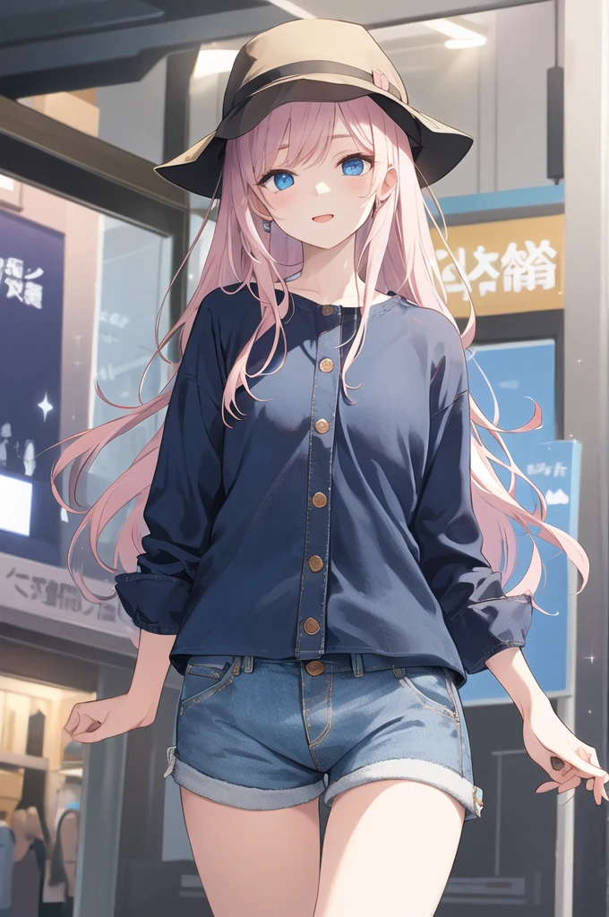 Beautiful illustrations, Highest quality, Girl、Lori、っぽい、Small breasts、Cute  girl, (Conversion Sequence),  Baby Face, Long pure white pink mesh hair, Beautiful and exquisite blue eyes, Cinema Lighting, Cowboy Shot,, Happy、Baggy clothes、hat、Jeans shorts、Too much skin tone