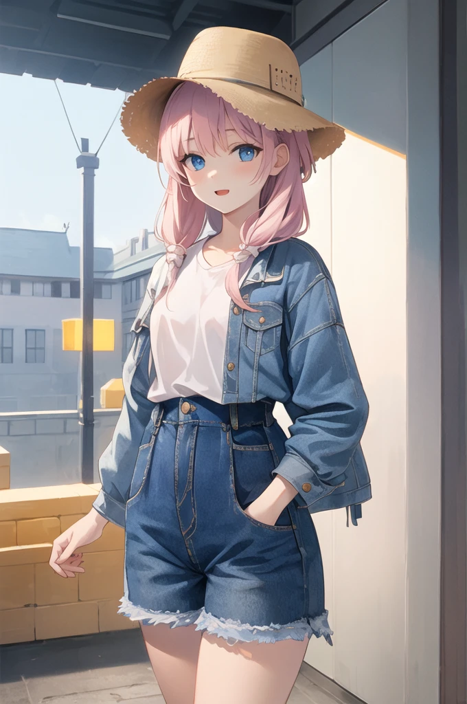 Beautiful illustrations, Highest quality, Girl、Lori、っぽい、Small breasts、Cute girl, (Conversion Sequence), , Long pure white pink mesh hair, Beautiful and exquisite blue eyes, Cinema Lighting, Cowboy Shot,, Happy、Baggy clothes、hat、Jeans shorts、Too much skin tone