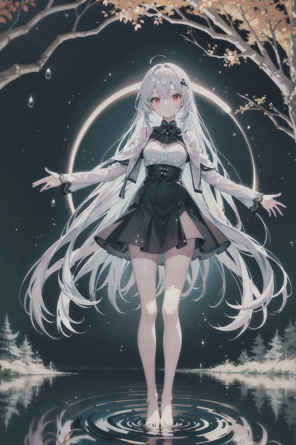 Dreamy and beautiful moonlight in the dark forest。View of a 15-year-old girl from above。(wet silver hair and red eyes)。smile slightly。She wore only a long transparent white cloth with beautiful lace trim。Soak the cloth in water。(splashing in the dark forest lake at night)。(Hair or clothes are wet)。splash。Wet strands of hair。dripping water drops。Fantastic fireflies floating in the air、Light also reflects from water。near method and far method。glitter effects。Dynamic composition with depth。extremely high quality、High level of image quality、extremely delicate。Rare workmanship,round,Room, firm breasts),barefoot,float,water surface,(long legs,long legs,long legs,Gestalt),full-body shot。standing posture