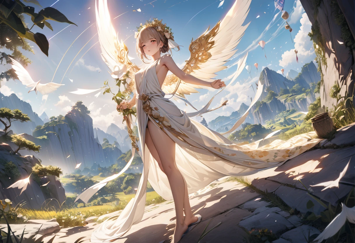 Beautiful details of the Goddess of Abundance、Wearing a long toga、With the wings of a kite、Intricately decorated headdresysterious and shining aura、Fantastic landscape background、Cinematic lighting、Dramatic Shadows、grow、Very detailed、8k、Photorealistic、masterpiece
