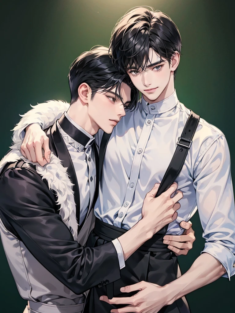 Two men with different heighten and little men、Black-haired man、Man hugging each other、A detailed face、Happy expression on face、Lovers、Boys Love、make love、Two men
,no background