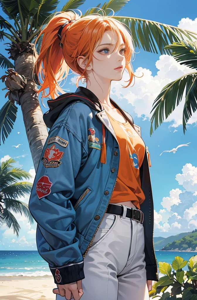 Very colorful, Hideto Suzuki Pop Feeling, Blue sky, cumulonimbus, Palm Tree, アメリカWest Coast, California, Seaside town, Summer image, sense of openness, Beautiful woman with a beautiful orange ponytail, Very beautiful detailed eyes, Beautiful and delicate eyes, Around 25 years old, Red Tank Top, Wearing a jacket, stylish belt, Perfect tall model figure, Cool Beauty, West Coast, Shining summer memories, Anime drawing by Yang J, シティポップのお洒落なCD jacket, Art Station Trends, realism, extremely detailed The buds of art, Realistic anime 3D style, Anime Style 4 k, Up to the model | The buds of art, Anime Style. 8k, Casual clothing, Realistic anime art style, style The buds of art, Sharp contours, Highest quality, The perfect angle, Perfect composition, Perfect subject, Best Shot, Official Art,CD jacket, 80's City Pop, Stylish, Very stylish, Beautiful anime drawings inspired by Yanjun Chen, Trending on Art Station, realism, Anime Style 4 k, Anime Style. 8k, Realistic Anime 3D Style, Realistic anime art style, Beautiful digital anime illustrations, Style Anime, Gweiz-style artwork, Anime Style illustration, Very detailed and beautiful digital anime art