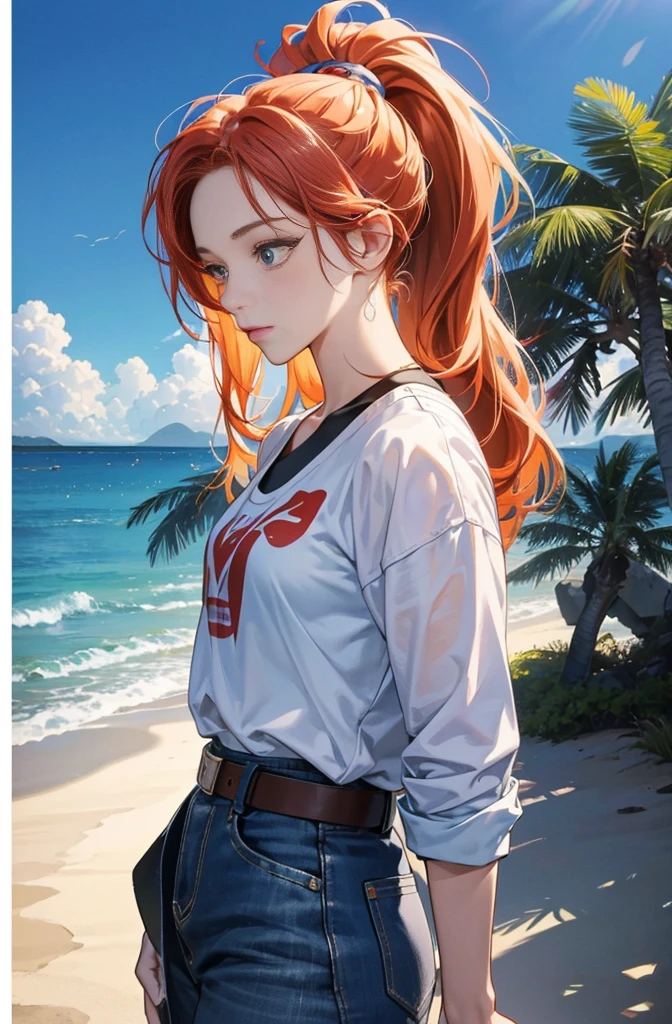 Very colorful, Hideto Suzuki Pop Feeling, Blue sky, cumulonimbus, Palm Tree, アメリカWest Coast, California, Seaside town, Summer image, sense of openness, Beautiful woman with a beautiful orange ponytail, Very beautiful detailed eyes, Beautiful and delicate eyes, Around 25 years old, Red Tank Top, Wearing a jacket, stylish belt, Perfect tall model figure, Cool Beauty, West Coast, Shining summer memories, Anime drawing by Yang J, シティポップのお洒落なCD jacket, Art Station Trends, realism, extremely detailed The buds of art, Realistic anime 3D style, Anime Style 4 k, Up to the model | The buds of art, Anime Style. 8k, Casual clothing, Realistic anime art style, style The buds of art, Sharp contours, Highest quality, The perfect angle, Perfect composition, Perfect subject, Best Shot, Official Art,CD jacket, 80's City Pop, Stylish, Very stylish, Beautiful anime drawings inspired by Yanjun Chen, Trending on Art Station, realism, Anime Style 4 k, Anime Style. 8k, Realistic Anime 3D Style, Realistic anime art style, Beautiful digital anime illustrations, Style Anime, Gweiz-style artwork, Anime Style illustration, Very detailed and beautiful digital anime art