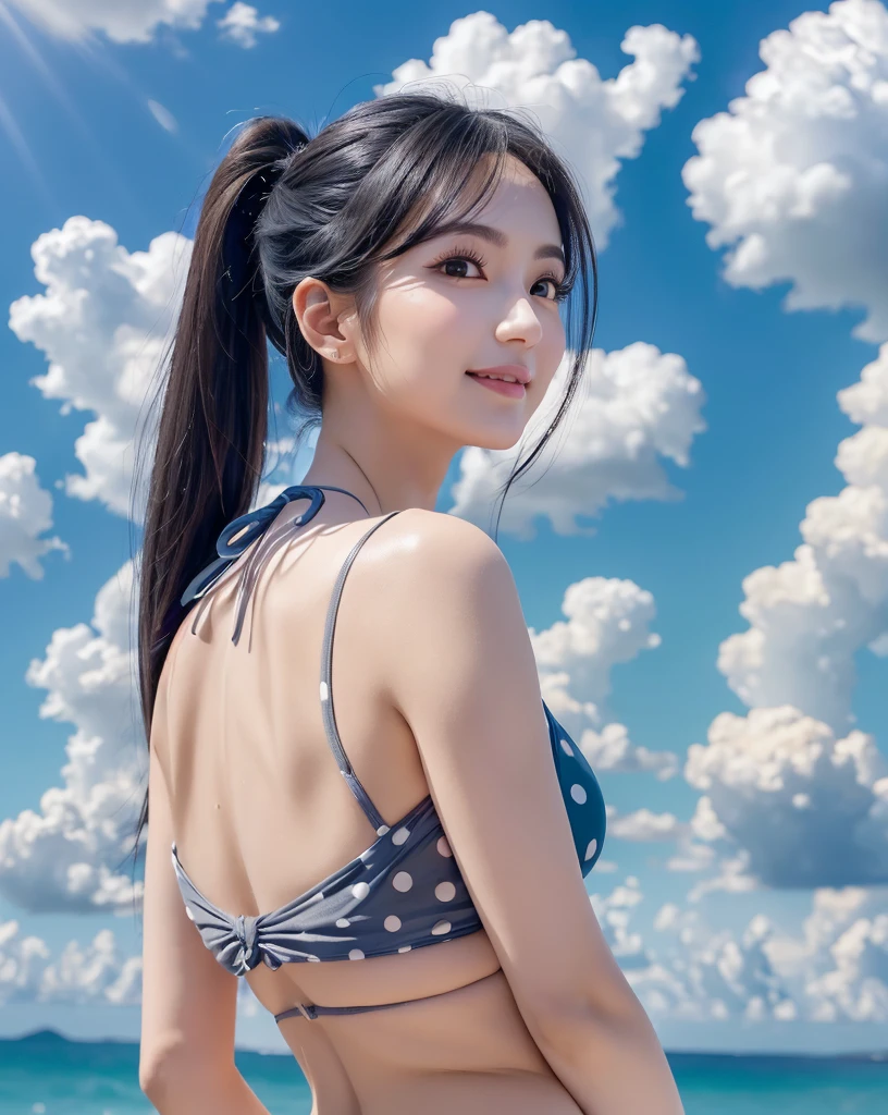 (Highest quality), (32K), (High resolution:1.5), (Masterpiece:1.5), marimo_jet, Beautiful face in every detail, god々A photograph with brilliant dazzling and healing power., Evoking a sense of calm and elusive beauty, Expressing emotions, Have a rich imagination, Beautiful Japanese Girls, ((Looking back:1.3)), An exceptionally beautiful face, Small Face Beauty, Perfect Human Anatomy, Magical big eyes, Motherhood and generosity, Deep Love, A fleeting smile, Shiny black hair, Side ponytail swaying in the wind, Asymmetrical bangs, Hair between the eyes, Transparent, soft white skin, Sharp eyebrows, Thin lashes, Natural Makeup, Cheek highlighter, Pale pink detailed lips, (Grey polka dot bikini:1.4), ((Horizon and cumulonimbus clouds:1.3)), ((Blue detailed sky:1.3)), ((Dazzling sunlight:1.4)), Professional photographer, Professional Lighting, Professional models, god秘的