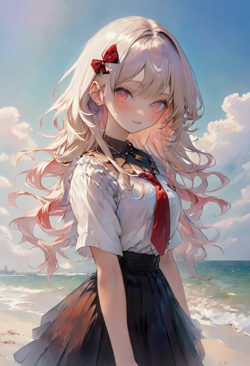 masterpiece, best quality, ultra-detailed, illustration, close-up, straight on, face focus, 1girl, ijichi_nijika, solo, blonde_hair, shirt, white_shirt, red_eyes, side_ponytail, bow, collared_shirt, red_bow, smile, bangs, outdoors, upper_body, sidelocks, closed_mouth, bowtie, short_sleeves, looking_at_viewer, long_hair, sky, hand_on_own_chin, blush, red_bowtie, ahoge, school_uniform, day, ocean, blue_sky, beach, cloud, 《(Schneider pastel ink, glaze overcoat, Pale blurred outline, creation of light and shadow): 1.4, rich colors, expressive technique, 》natural light shining through, moody atmosphere, dark shadows,The tones are also visibly luminous