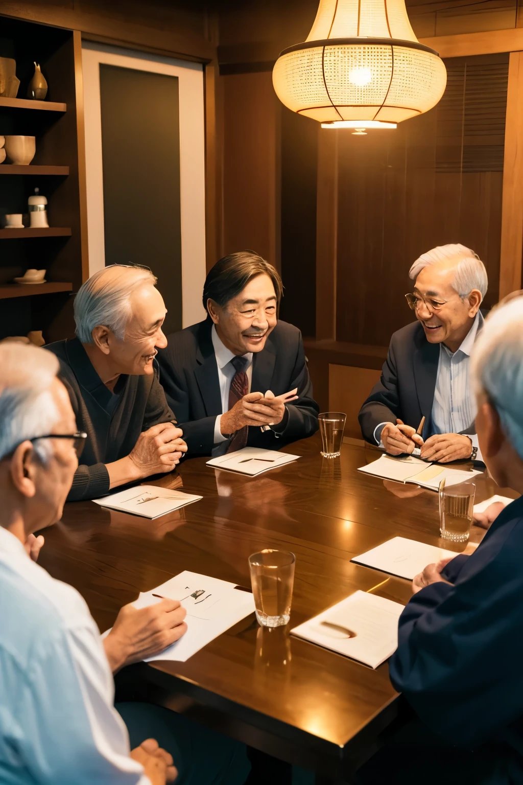 a mature japanese man, elderly japanese man, group of young people, business meeting, conference meeting, people around table, bright environment, smiling faces, detailed facial features, warm lighting, warm color palette, cinematic, high resolution, 8k, photorealistic, masterpiece