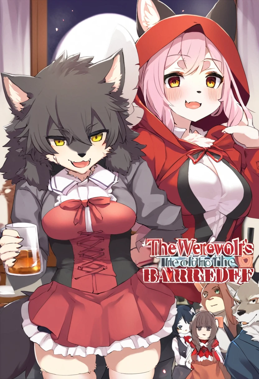 A doujinshi cover with a The werewolf of the bartender and the guest's Red Riding Hood, furry, kemono, with some elements of comedy manga,