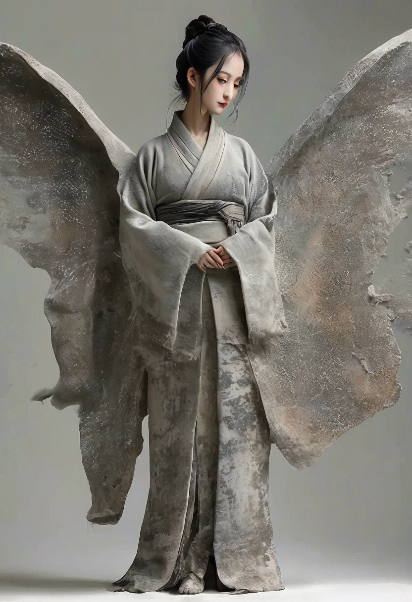 (masterpiece, Highest quality:1.2),超軽量clay,soil,clay,Loosely knitted fabric,old,dirty, mineral pigments,3Dclayclay彫刻艺术,clay彫刻,Rough surface,(Clione-like angel,sight。Exaggerated image。Long legs,barefoot,Engraved mark。)Rough surface和肌理,陶土clay彫刻艺术:1.37,(((Words engraved on the body。Tattoo。Hanfu has patterns of characters,)))whole body,Very detailed,Lonely,Clean background